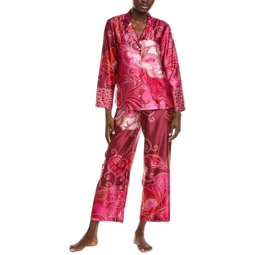 Satin Floral Button-Front Pajama Set in Pink